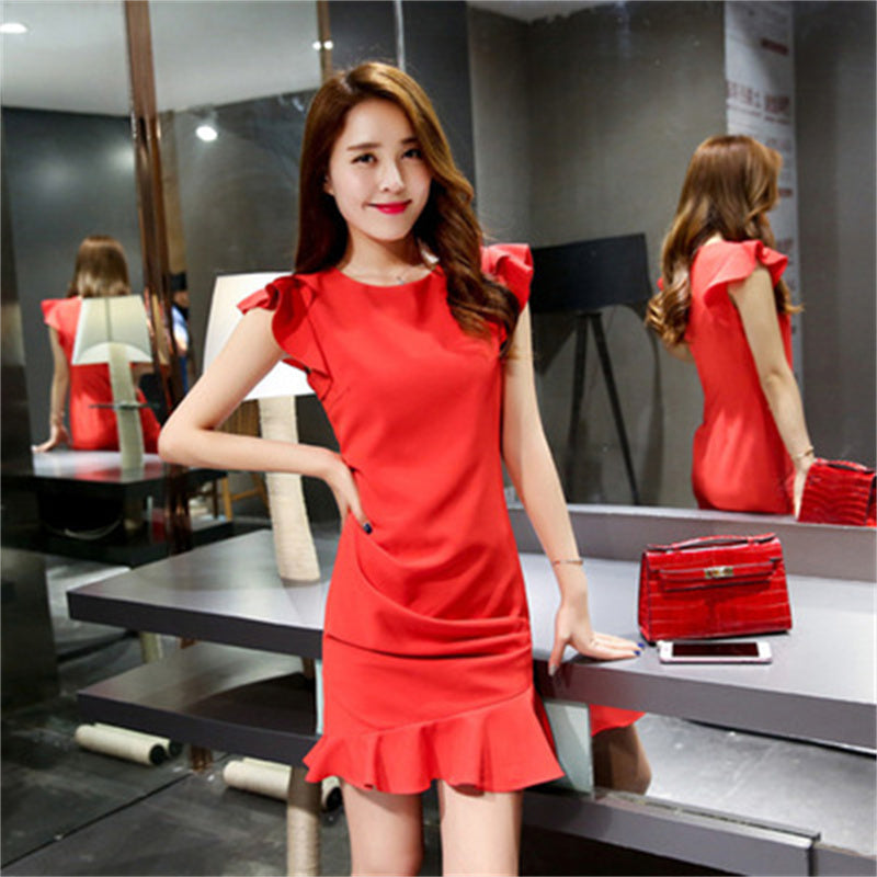 Women Summer Round Neck Ruffle Short Sleeve Solid Sexy Dress