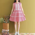 Women Summer Loose Sleeveless Plaid Cotton Linen Short Dress