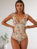 2026 New Ditsy Floral Print One-Piece Swimsuit, V Neck Ruffle Shoulder Tummy Control Bathing Suit