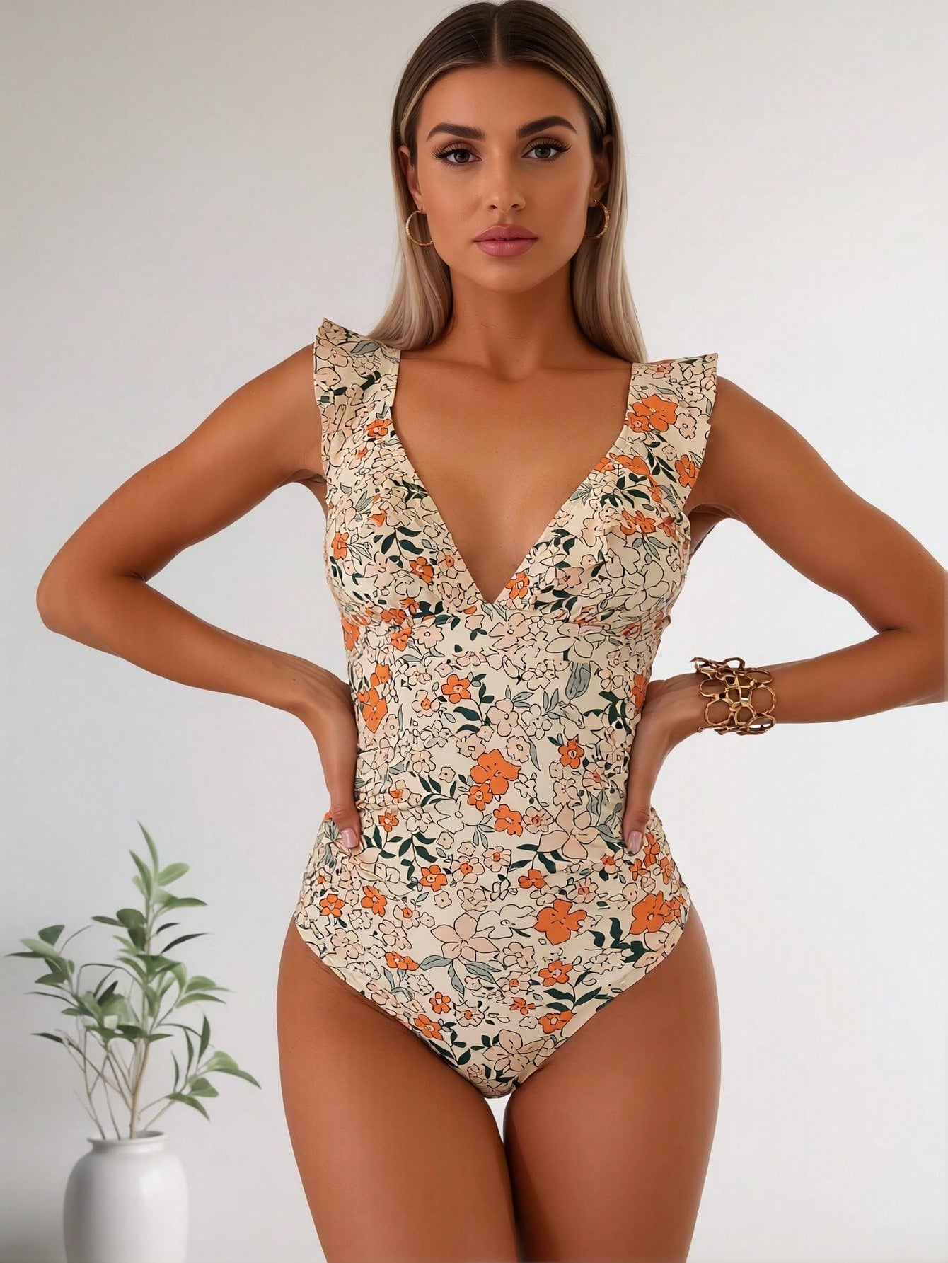 2026 New Ditsy Floral Print One-Piece Swimsuit, V Neck Ruffle Shoulder Tummy Control Bathing Suit
