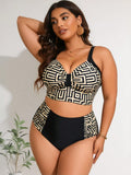2026 New Women's Plus Size Bikini Set: Black & Gold Geometric Print Crop Top + High-Waisted Bottom With Side Panels