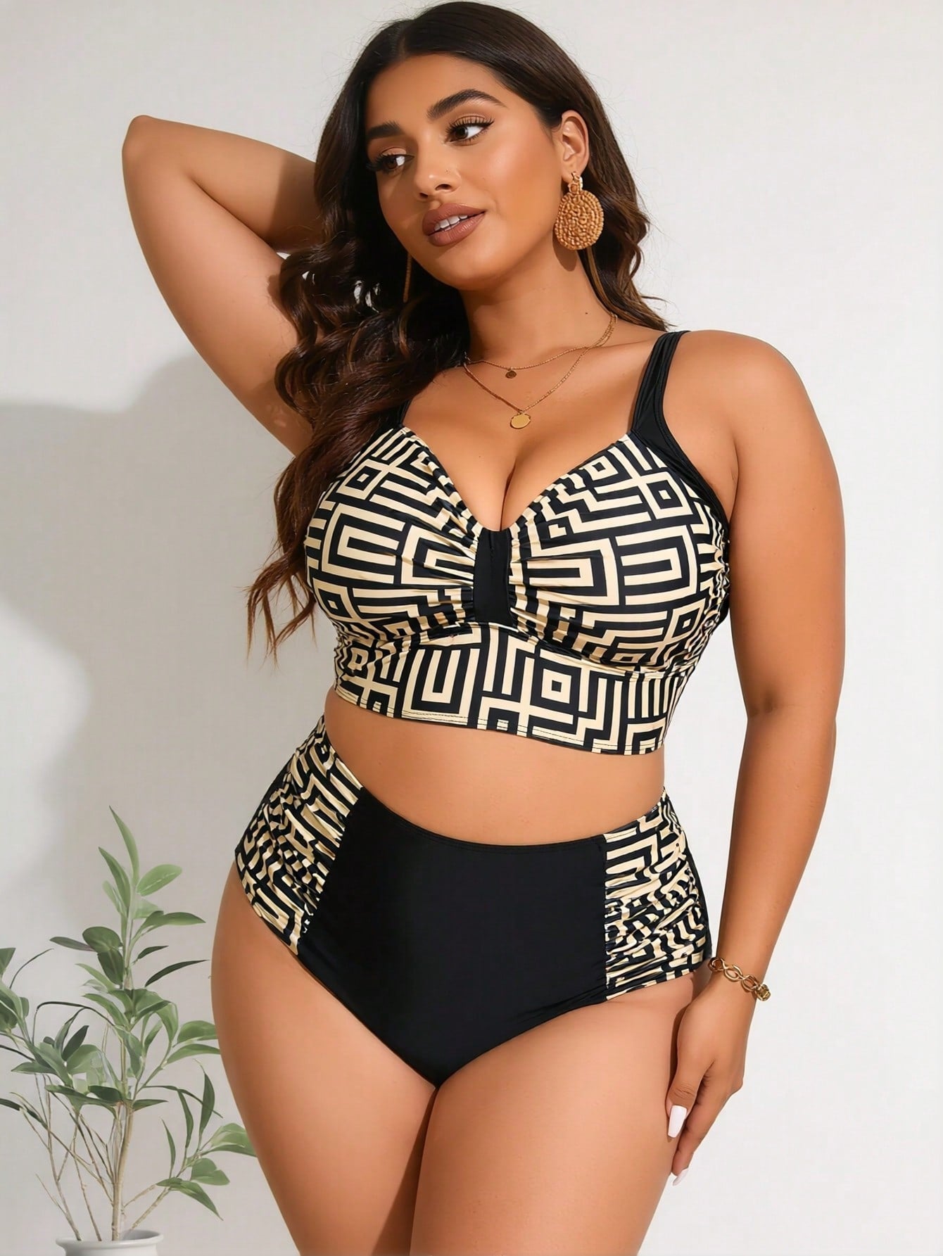 2026 New Women's Plus Size Bikini Set: Black & Gold Geometric Print Crop Top + High-Waisted Bottom With Side Panels