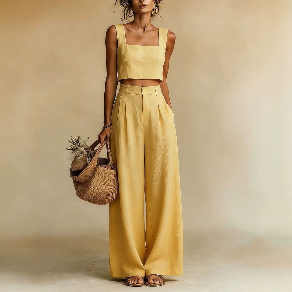 Womens Best-selling Square-neck Wide-leg Pants Set