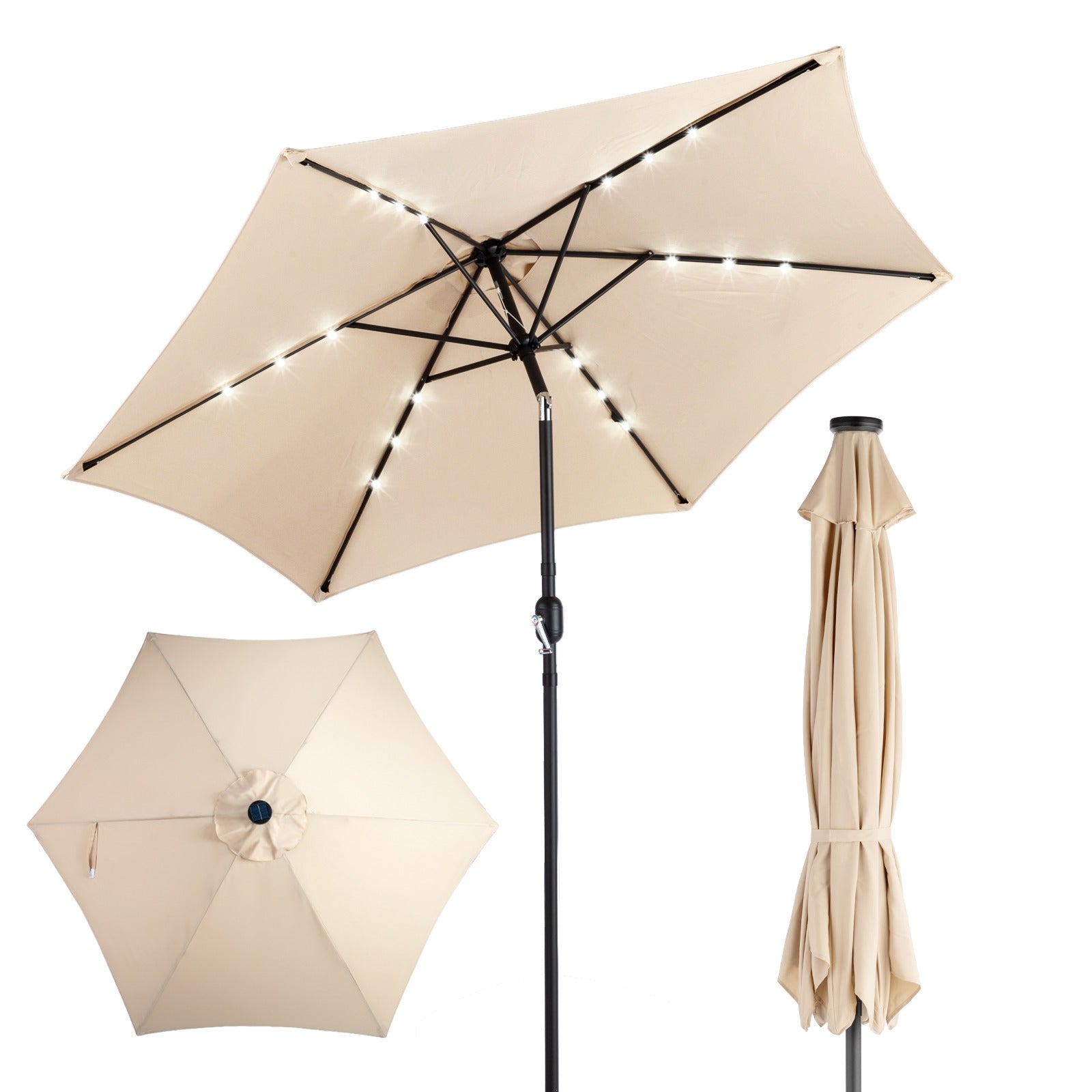 9ft Solar LED Patio Umbrella, 6-Rib Waterproof Outdoor Market Umbrella With Push Button Tilt & Crank, Sun Shade For Garden Pool Deck, Beige
