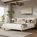 Beige Chunky Headboard Bed Frame, Solid Rubberwood Legs, Cal-King, 800lbs Capacity