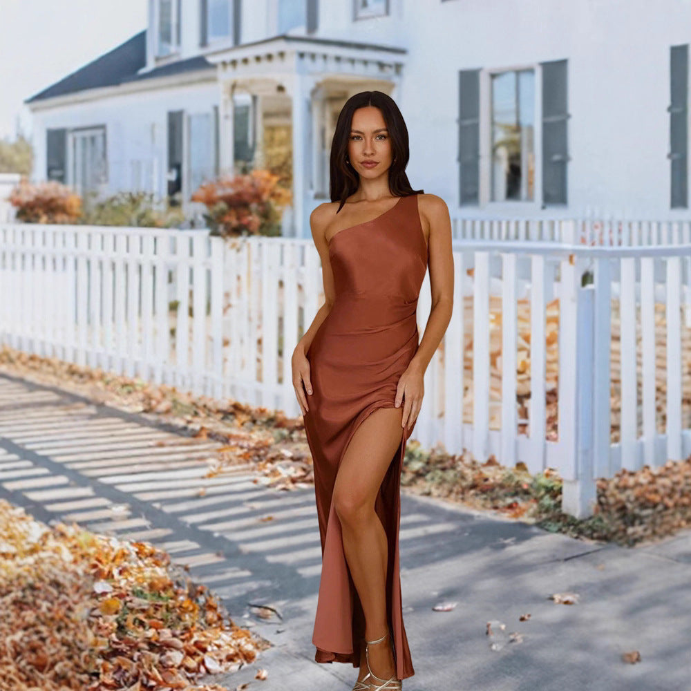 Irregularly Slit Solid-Color Long Dress