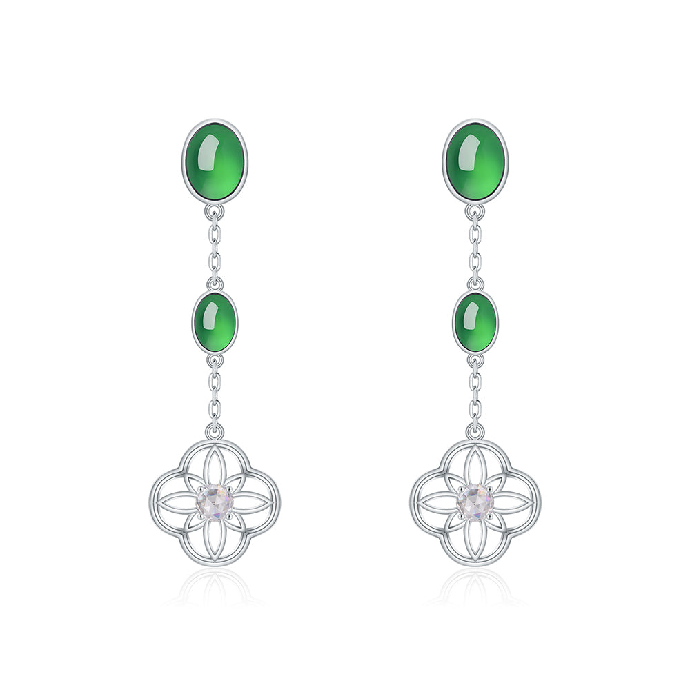 S925 Sterling Silver Dangle Earrings, 8x6mm Oval Green Chrysoprase Drop Earrings, Platinum Plated 4.7g Elegant Long Chain Earrings With Gift Box