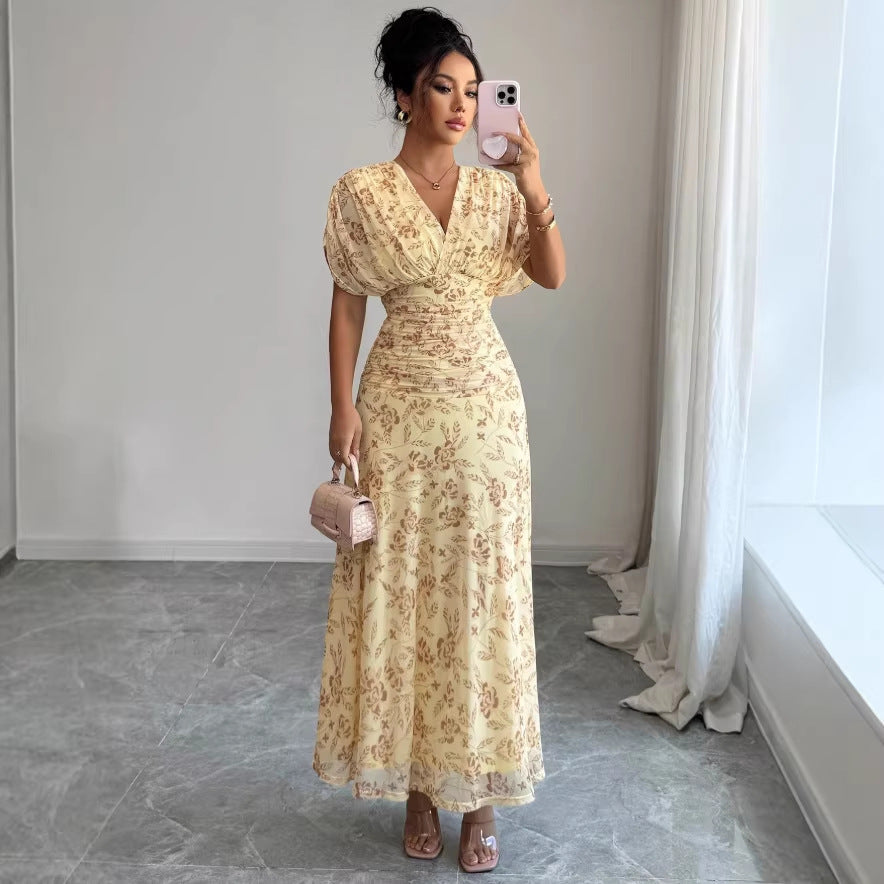 Womens Casual Floral-print V-neck Puff-sleeve Dress