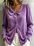 French Style Lapel Velvet Shirt, Long Sleeve With Buttons, New Arrival For Autumn & Winter