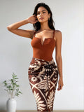 2026 New Solid Cami One Piece Swimsuit With Tropical Print Sarong Skirt, Two Piece Beach Cover Up Set