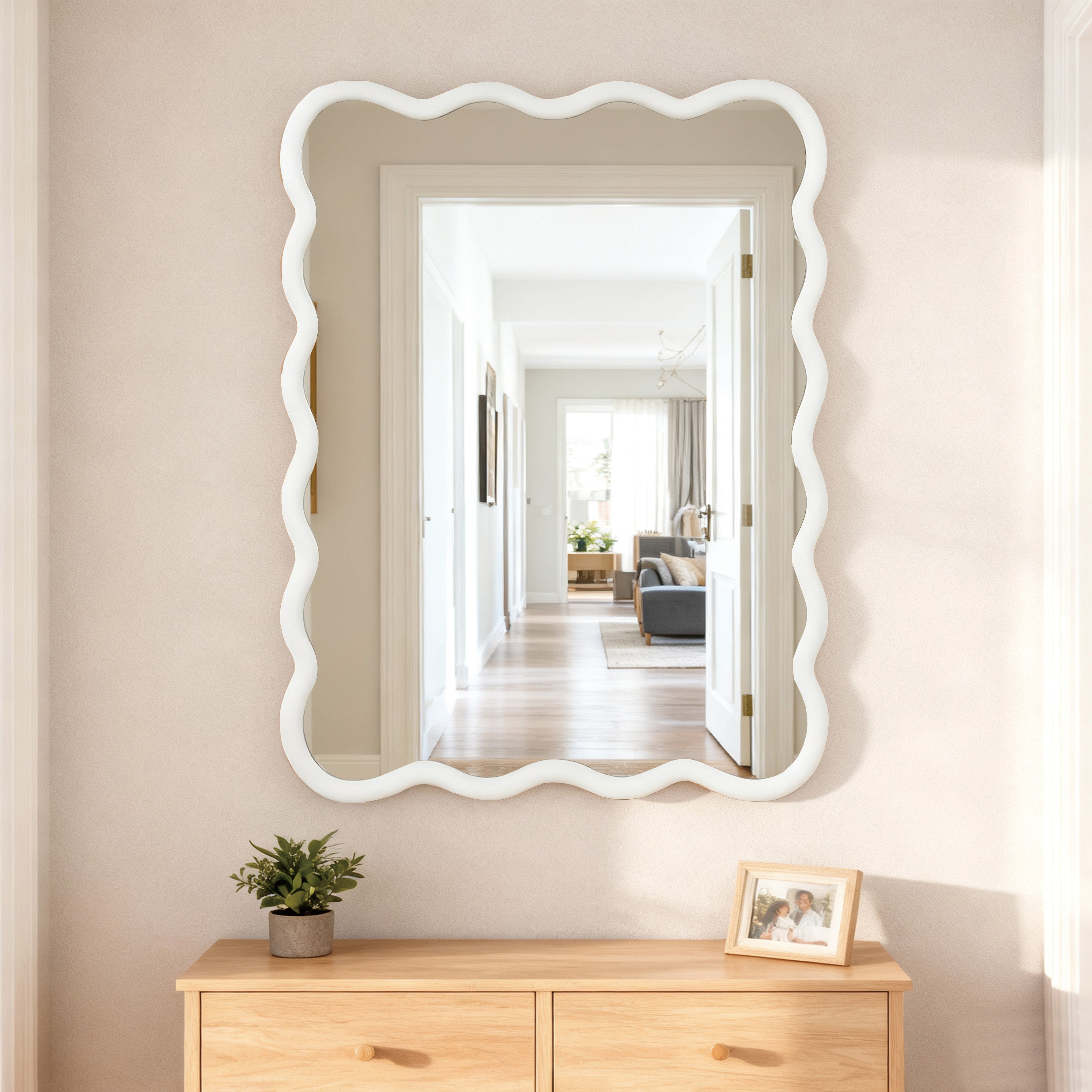 White 30 X40  Wavy Rectangle Solid Wood Frame Decorative Mirror,For Bedroom, Bathroom, Living Room, Entryway