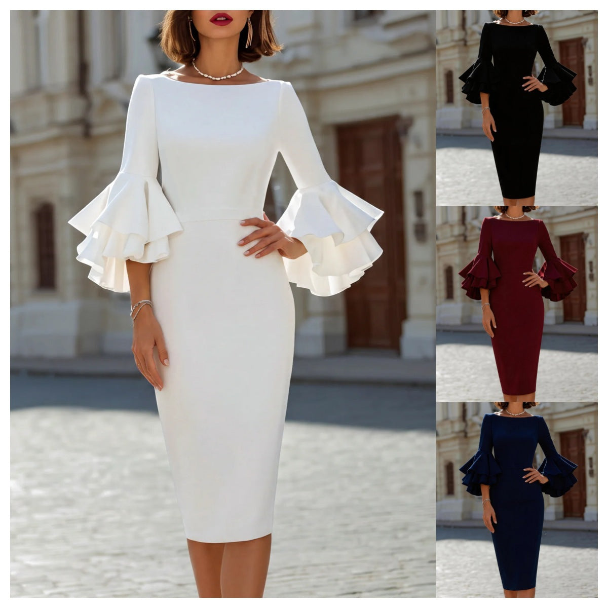 Elegant Sheath Dress With Ruffled Sleeves