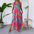 Womens Fashionable Printed Sleeveless Slit Slimming Tank Dress