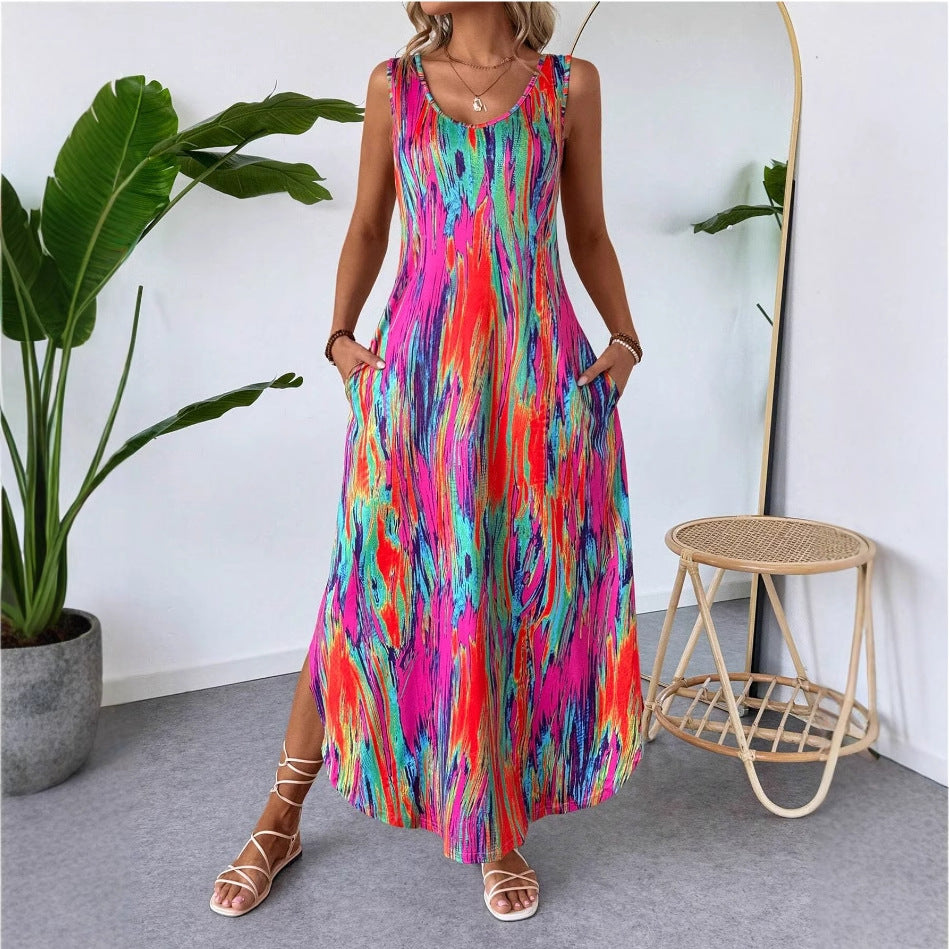 Womens Fashionable Printed Sleeveless Slit Slimming Tank Dress