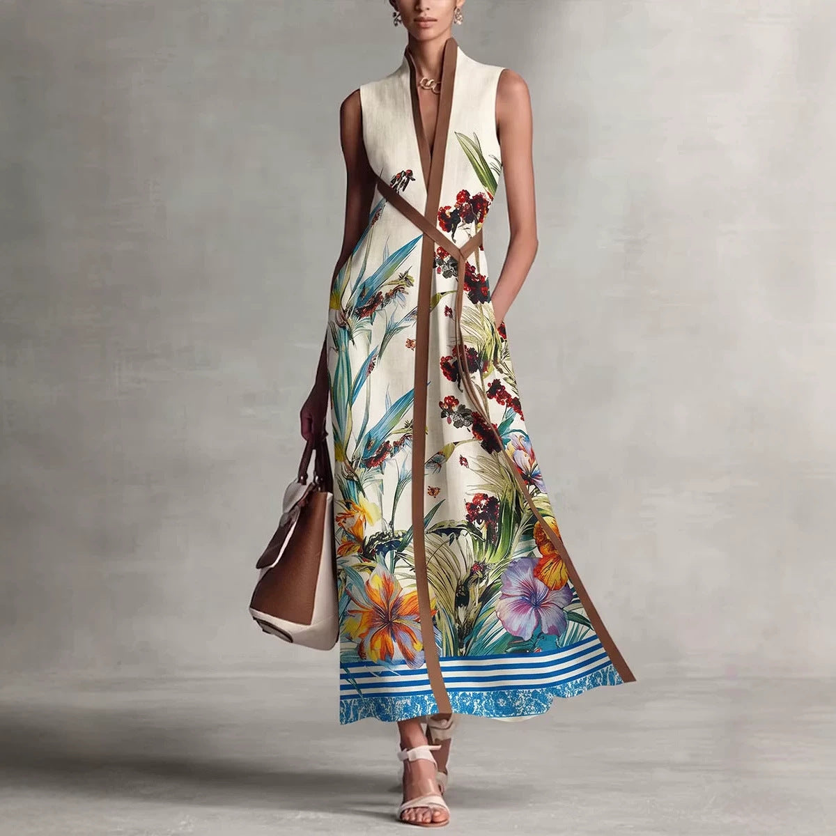 Sleeveless Long V-neck Printed Patchwork Dress