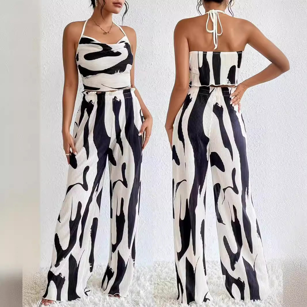 Large-Check Print Halterneck Wide-Leg Pants Casual Set