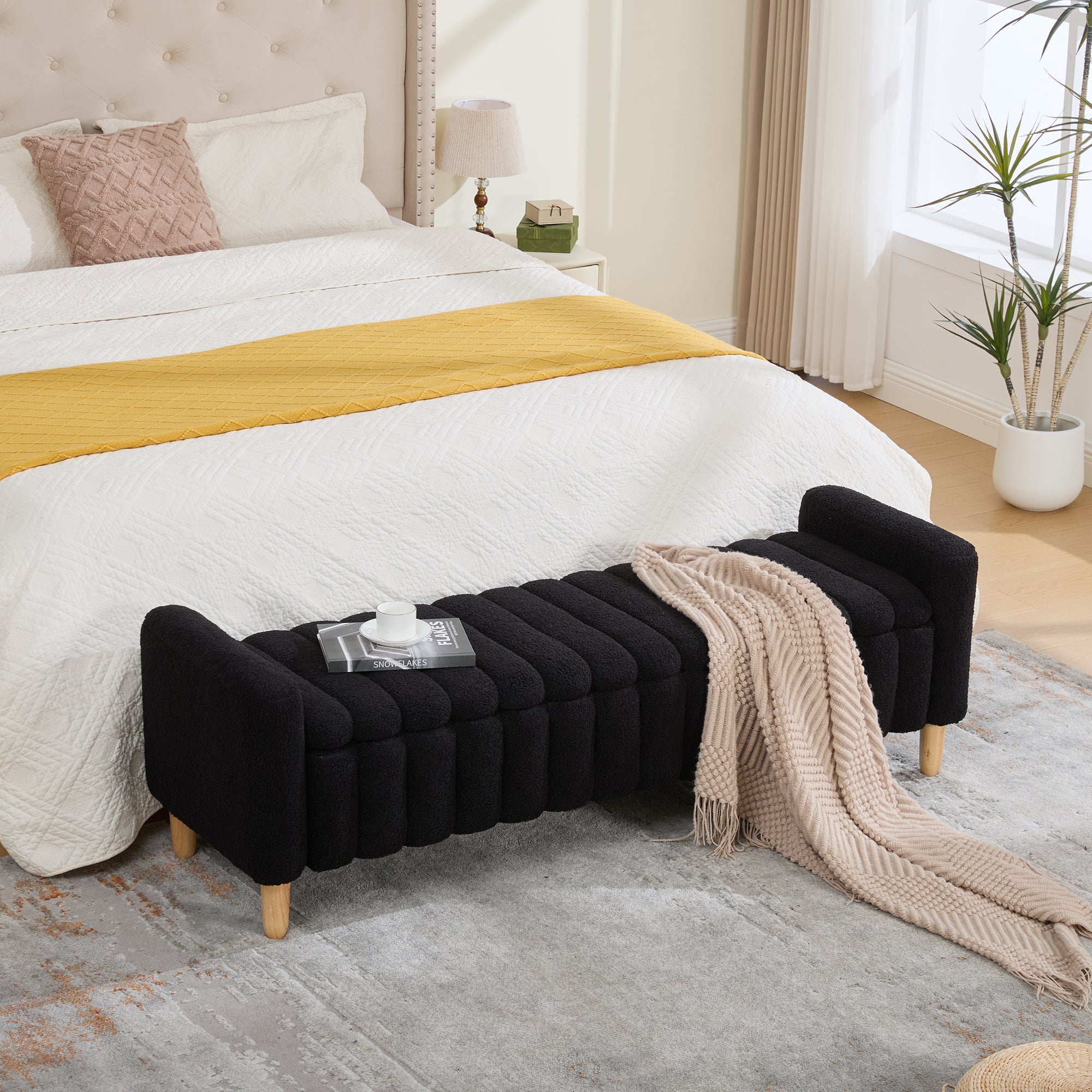 63.4 W Modern Upholstered End Of Bed Bench, Wave Channel Tufted Flip-Top Storage Accent Window Footrest Stool With Armrests & Solid Wood Legs For Bedroom Entryway, Dining Room, Living Room, Black
