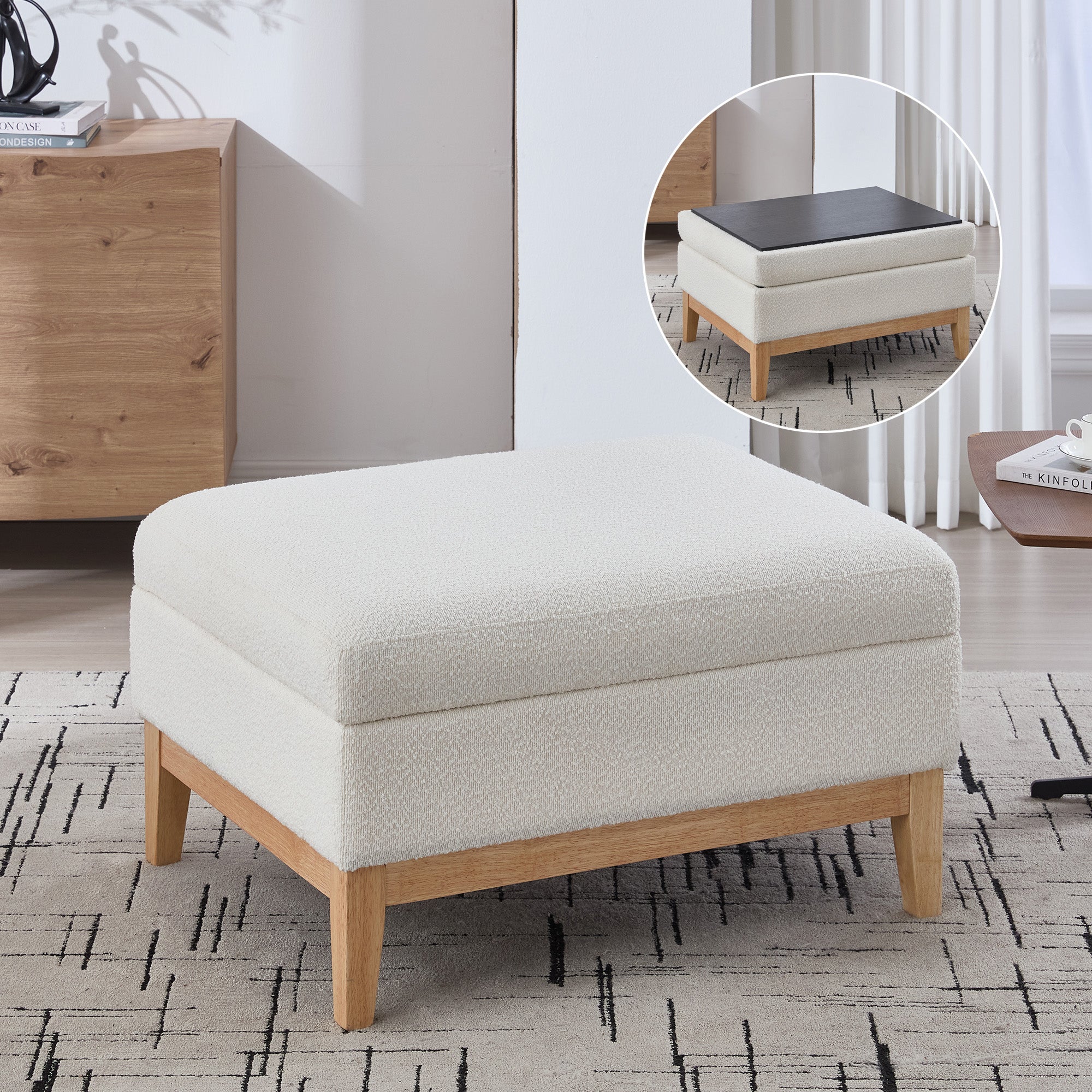 33.86 W Upholstered Wood Base Storage Ottoman With Reversible Lid Coffee Table, Foot Stool Square Footrest With Rubberwood Legs For Living Room Bedroom Entryway And Office, Ivory Boucle.