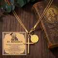 St Benedict Medal Cross Necklace For Women Men, 18K Gold Plated Stainless Steel Snake Chain, Religious San Benito Coin Protection Jewelry Gift
