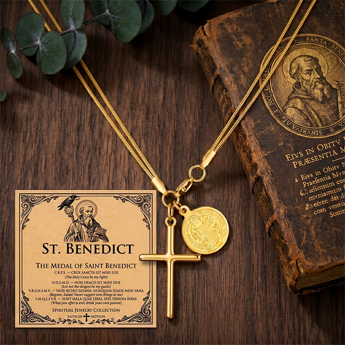 St Benedict Medal Cross Necklace For Women Men, 18K Gold Plated Stainless Steel Snake Chain, Religious San Benito Coin Protection Jewelry Gift