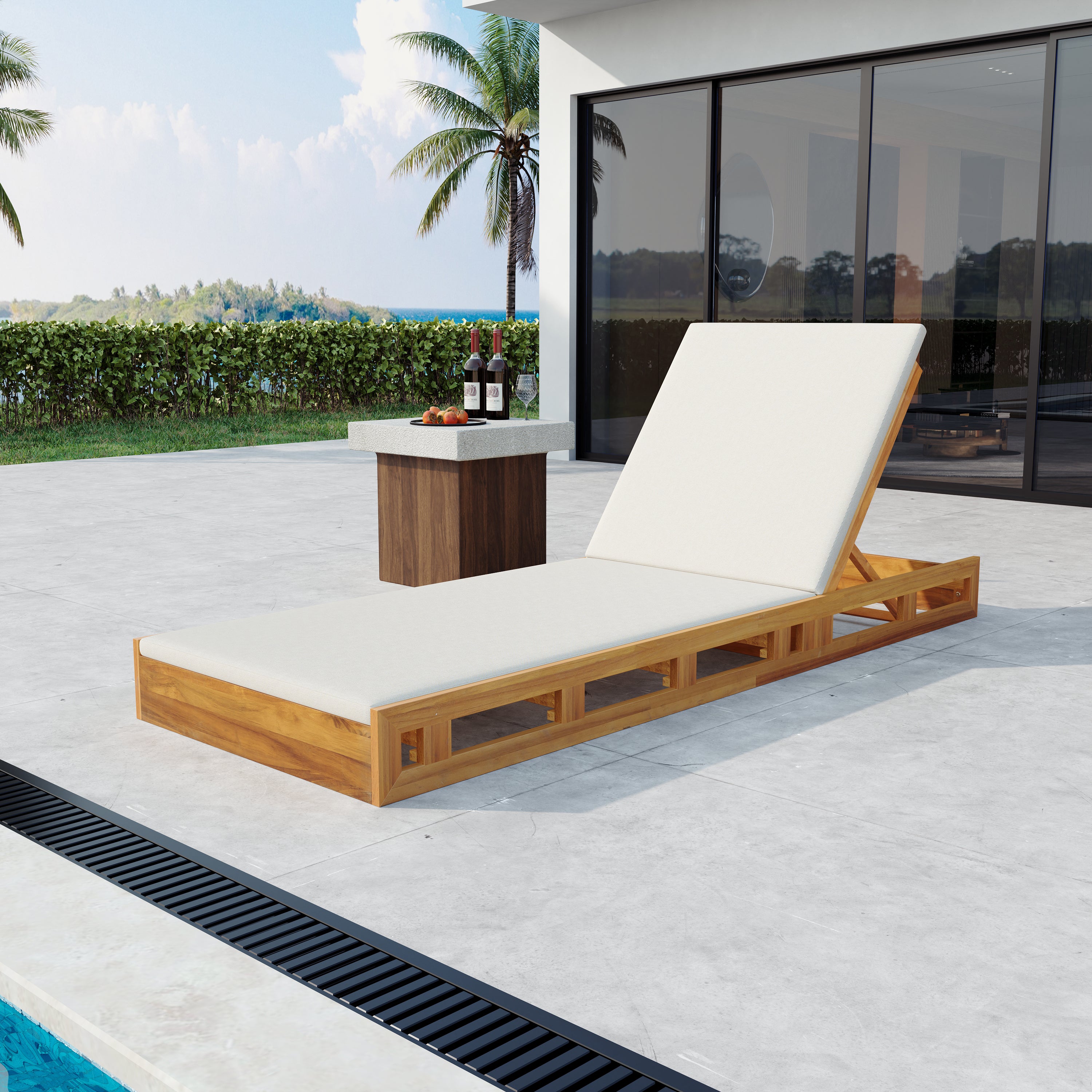 LOUNGE CHAISE SET,ACACIA WOOD WITH WATER-RESISTANT LOUNGE CUSHIONS  CREAM & 2 INCH THICK  - MATCHING DARK GREY LEAF COCONUT VERSION AVAILABLE
