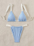 2026 New Blue White Vertical Stripe Color Block Wide Strap Triangle Bikini Set Women Ruffle Ruched High Cut Two Piece Swimsuit For Beach Vacation, Korean Style