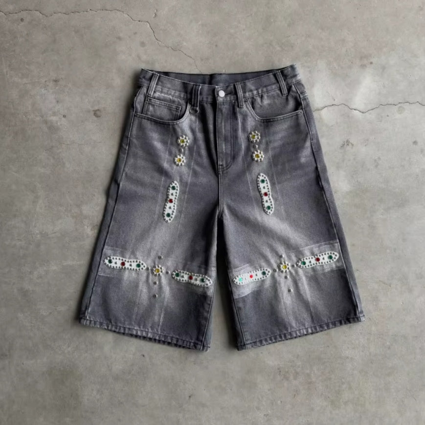 New Leather Patchwork Studded Rhinestone Shorts