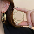 Cold Style Exaggerated Double Hoop Earrings, Stylish Large Round Golden Ear Jewelry For Women