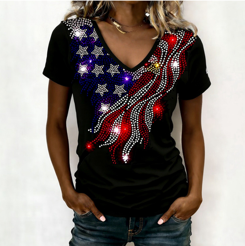 Women's Independence Day Rhinestone Pullover V-Neck T-Shirt