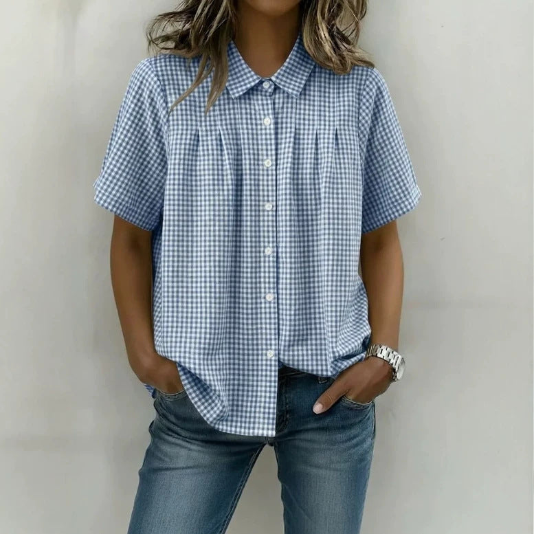 Womens Relaxed-fit Casual Lapel-neck Plaid Short-sleeve Shirt
