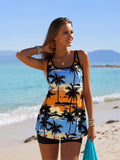 2026 New Women's Sexy Fashion Sunset & Palm Tree Print Tummy-Control Two-Piece Boyleg Swimsuit For Vacation & Leisure Swimwear
