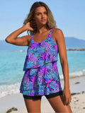 2026 Women's Tropical Tankini: Purple & Pink Palm Print Tiered Ruffle Top And Matching Black Boyleg Shorts