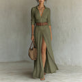 Womens Casual And Versatile V-neck Long Split Dress