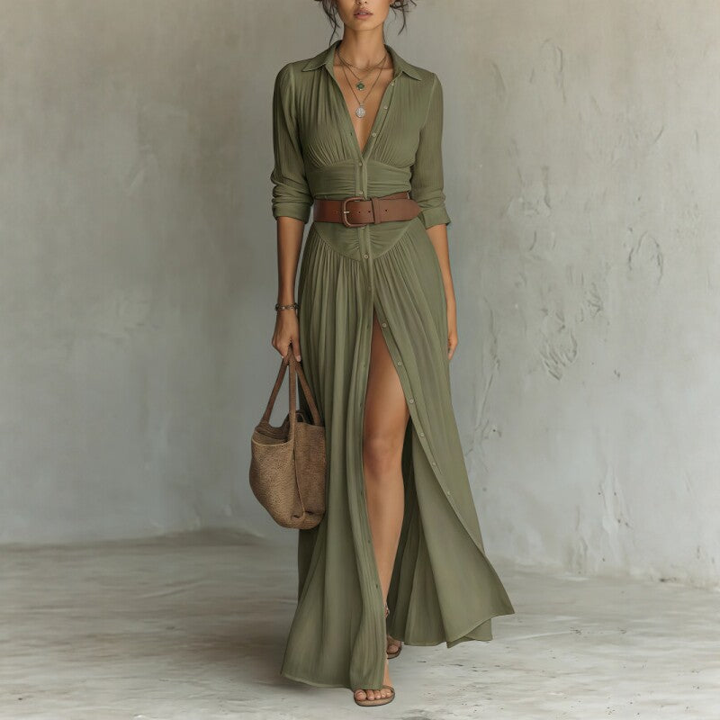 Womens Casual And Versatile V-neck Long Split Dress