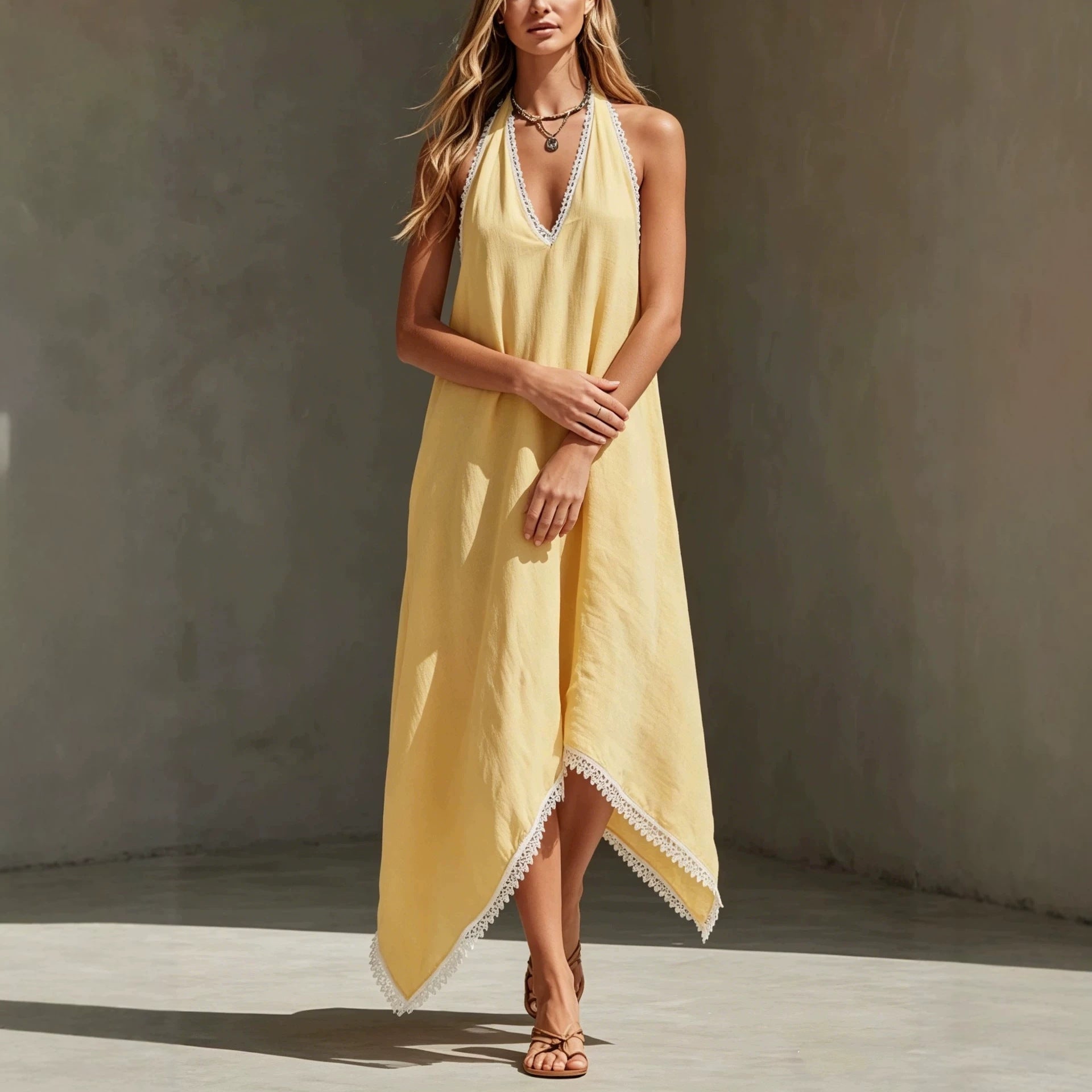 Spliced Lace-trimmed V-neck Dress