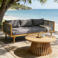 2-Piece Outdoor Patio Set Sofa With Dark Grey Cushions & Grey Rope Back   Round Acacia Wood Coffee Table, Teak Finish, Water Repellent, 600 Lbs Sofa Capacity