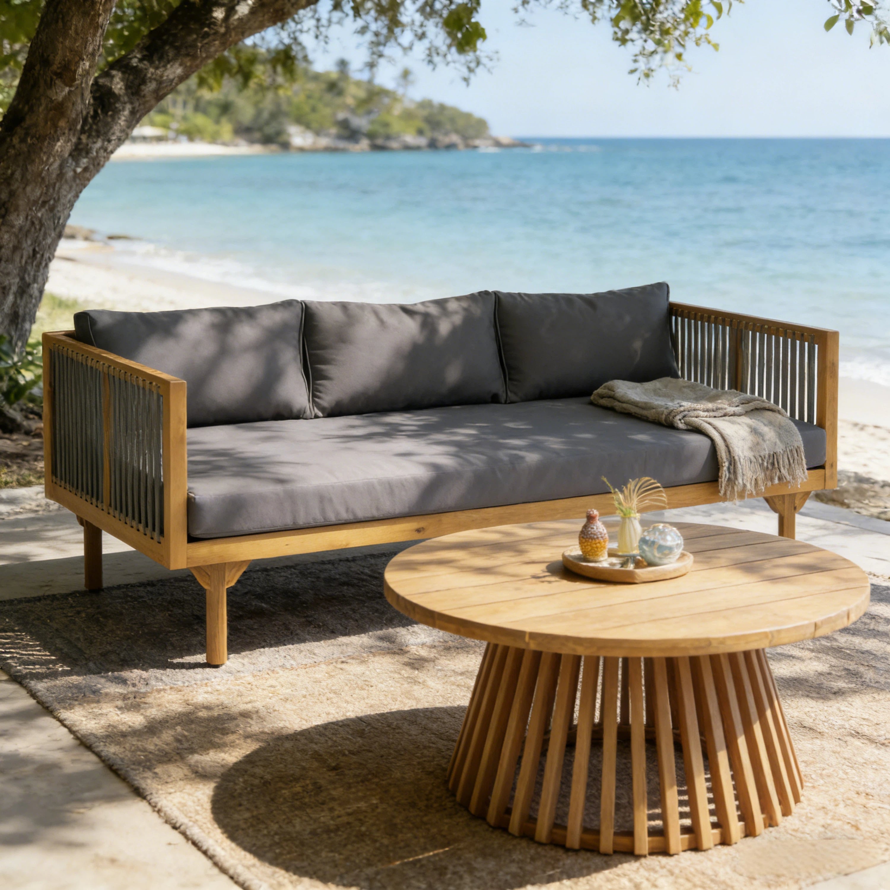 2-Piece Outdoor Patio Set Sofa With Dark Grey Cushions & Grey Rope Back   Round Acacia Wood Coffee Table, Teak Finish, Water Repellent, 600 Lbs Sofa Capacity