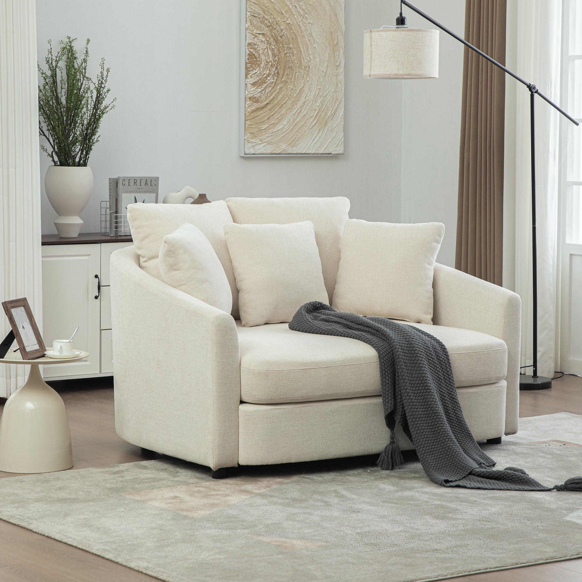 56.3  Wide Upholstered Round Accent Cuddle Chaise With Pillows, Cozy Oversized Slipcovered Barrel Lounger Chair With Deep Seat Reading Armchair For Club, Living Room, Bedroom, Office, Lounge, Beige