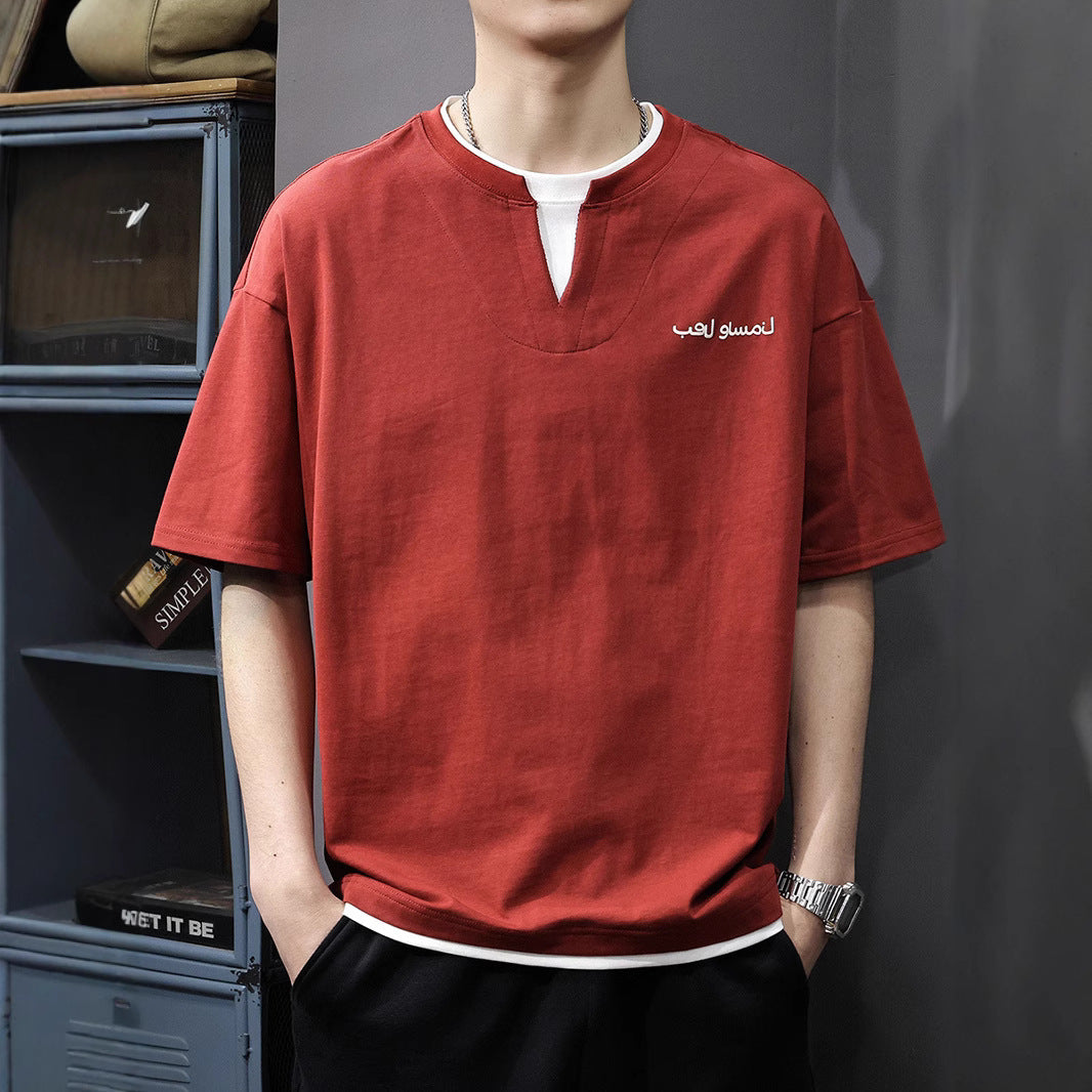 Mens Faux Two-piece Short-sleeve V-neck Loose-fitting Top