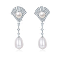 S925 Sterling Silver Pearl Dangle Earrings, Fan Pave, Teardrop Pearl, Platinum Plated, 4.5g, Gift Box