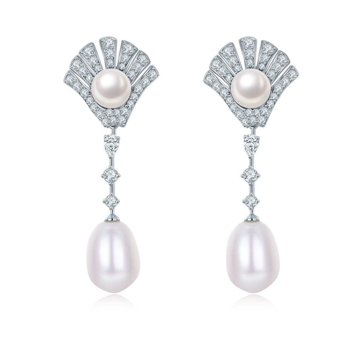 S925 Sterling Silver Pearl Dangle Earrings, Fan Pave, Teardrop Pearl, Platinum Plated, 4.5g, Gift Box