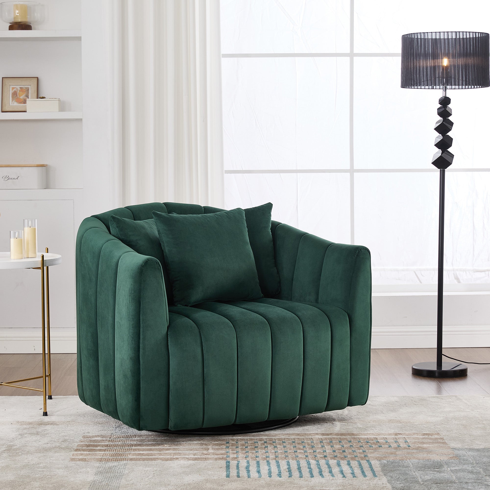 39 W Upholstered Oversized 360 Swivel Accent Barrel Chair And Half Cozy Sofa With 3 Pillows, Channel Tufted Pumpkin-Shape Club Armchair For Living Room, Bedroom, Office, Lounge, Velvet Green