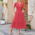 Womens Short-Sleeve V-Neck Hollow-Out Dress