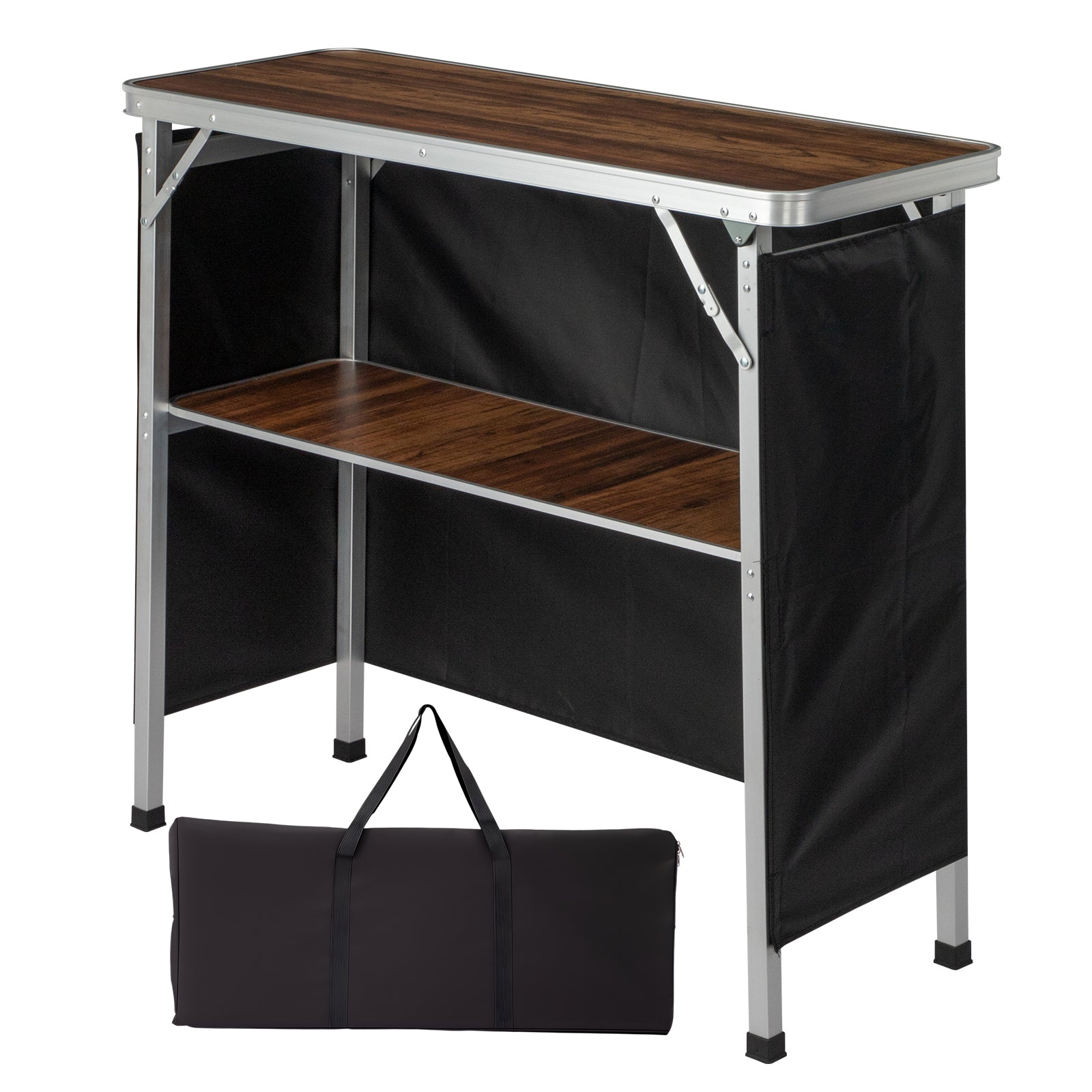100-38-88cm Portable Folding Bar Table With Storage Shelf, Aluminum Frame MDF Counter With Black Skirt & Carry Bag, For Trade Show, Party, Event