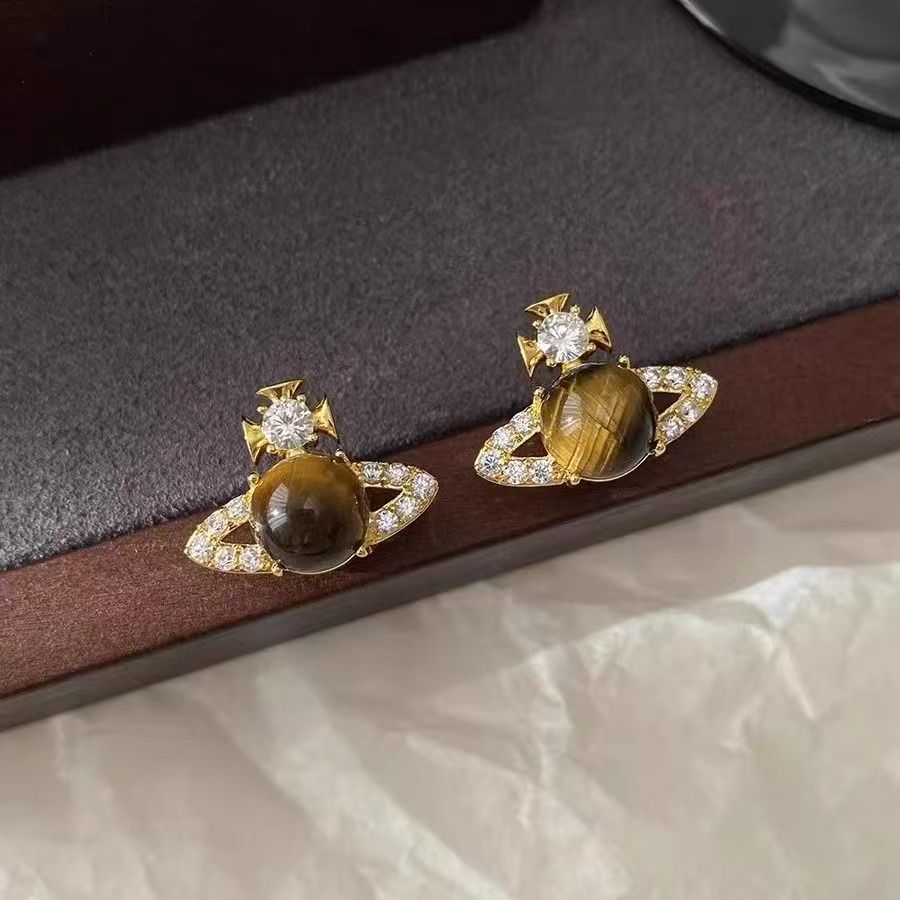 2026 New Hot Sale Saturn Stud Earrings For Women, Unique Fashion Tiger Eye Stone Earrings Niche Designer Luxury Ear Jewelry