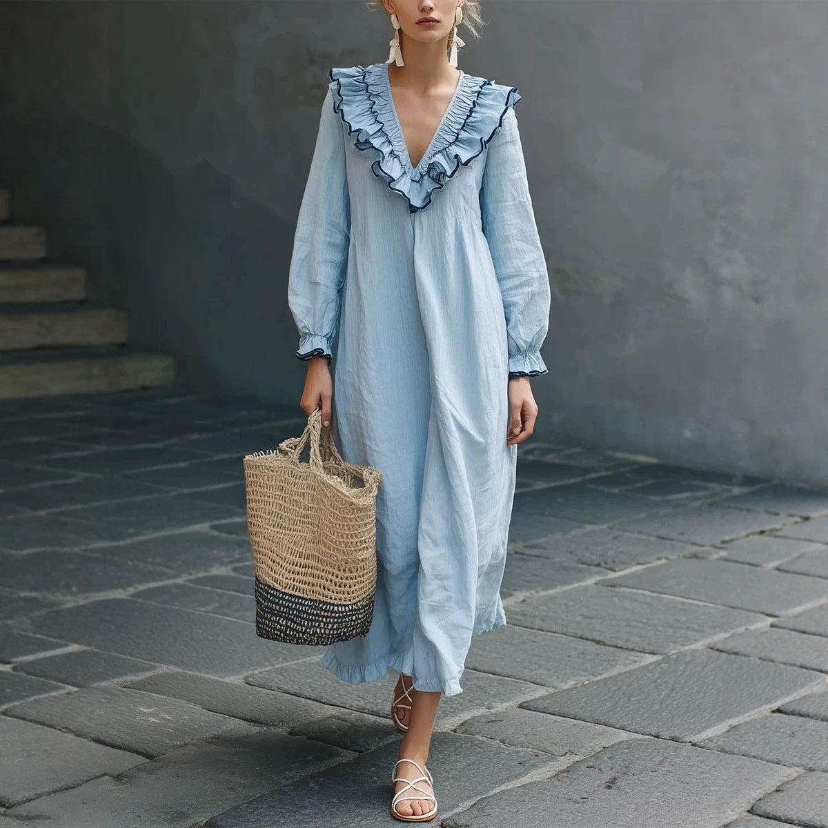 Womens Ruffled V-Neck Loose-Fit Casual Resort Dress
