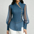 Womens Asymmetrical-neck Lace Long-sleeve Top