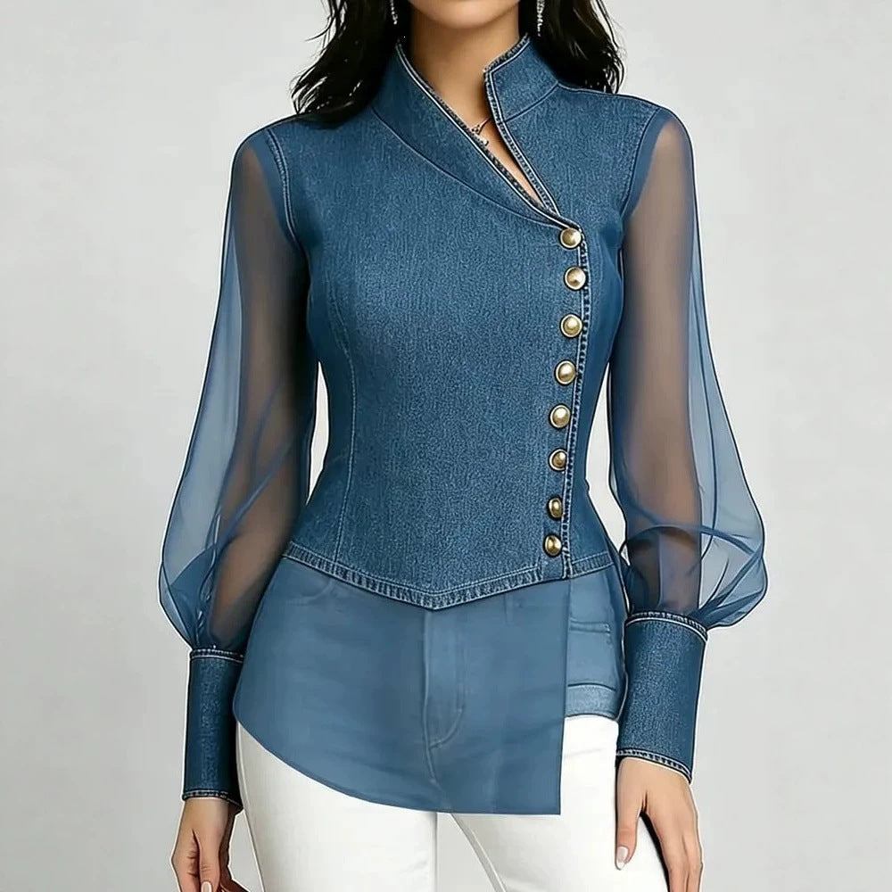 Womens Asymmetrical-neck Lace Long-sleeve Top