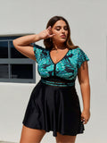 2026 New Plus Size Green Leaf Print Swimdress, Flutter Sleeve V-Neck & Mesh Waist, Tummy Control Modest Swimwear