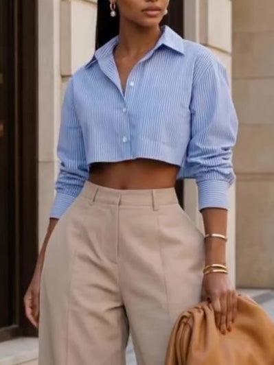 Light Blue Striped Cropped Button-Down Shirt